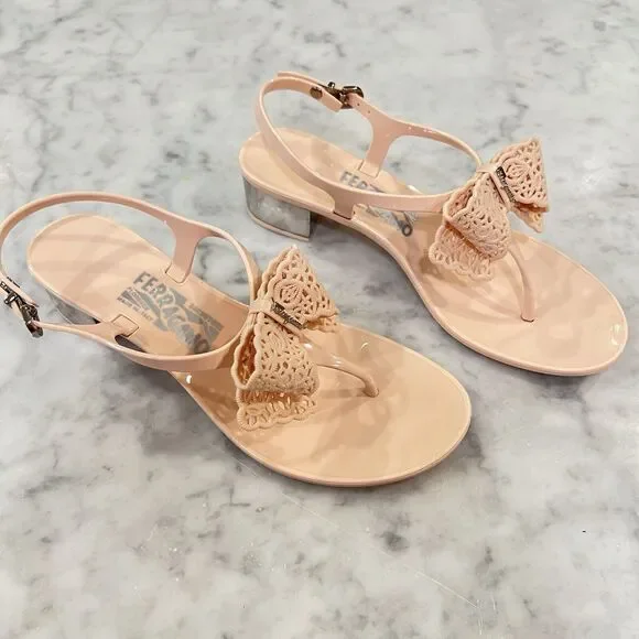 Salvatore Ferragamo Pale Pink Perala Jelly Buckle Lace Bow Sandals Heels Size 7 - Picture 9 of 12